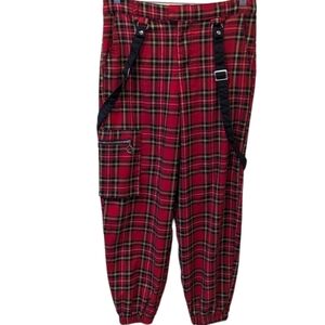 Hot Topic Red Plaid Suspenders Punk Women's Cargo Joggers (7)